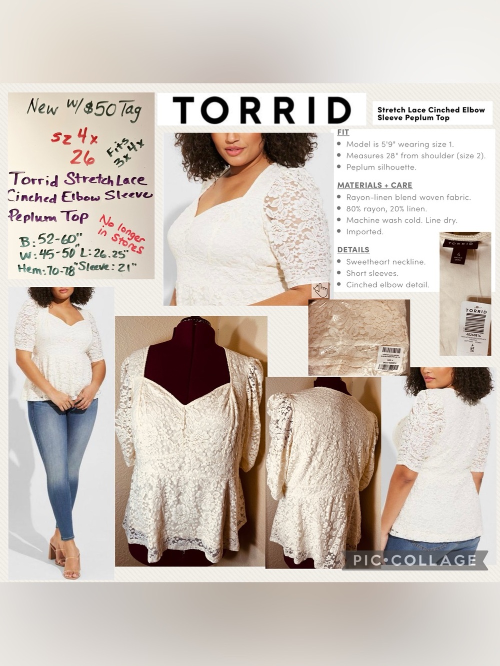 $50 Sz 4x 26 fits 3x 4x ⭐️NEW Torrid Stretch Lace Cinched Sleeve Peplum Top